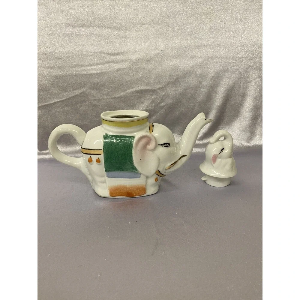 Elephant with Calf Hand Painted Figural Teapot - feng shui Good Luck Trunks Up